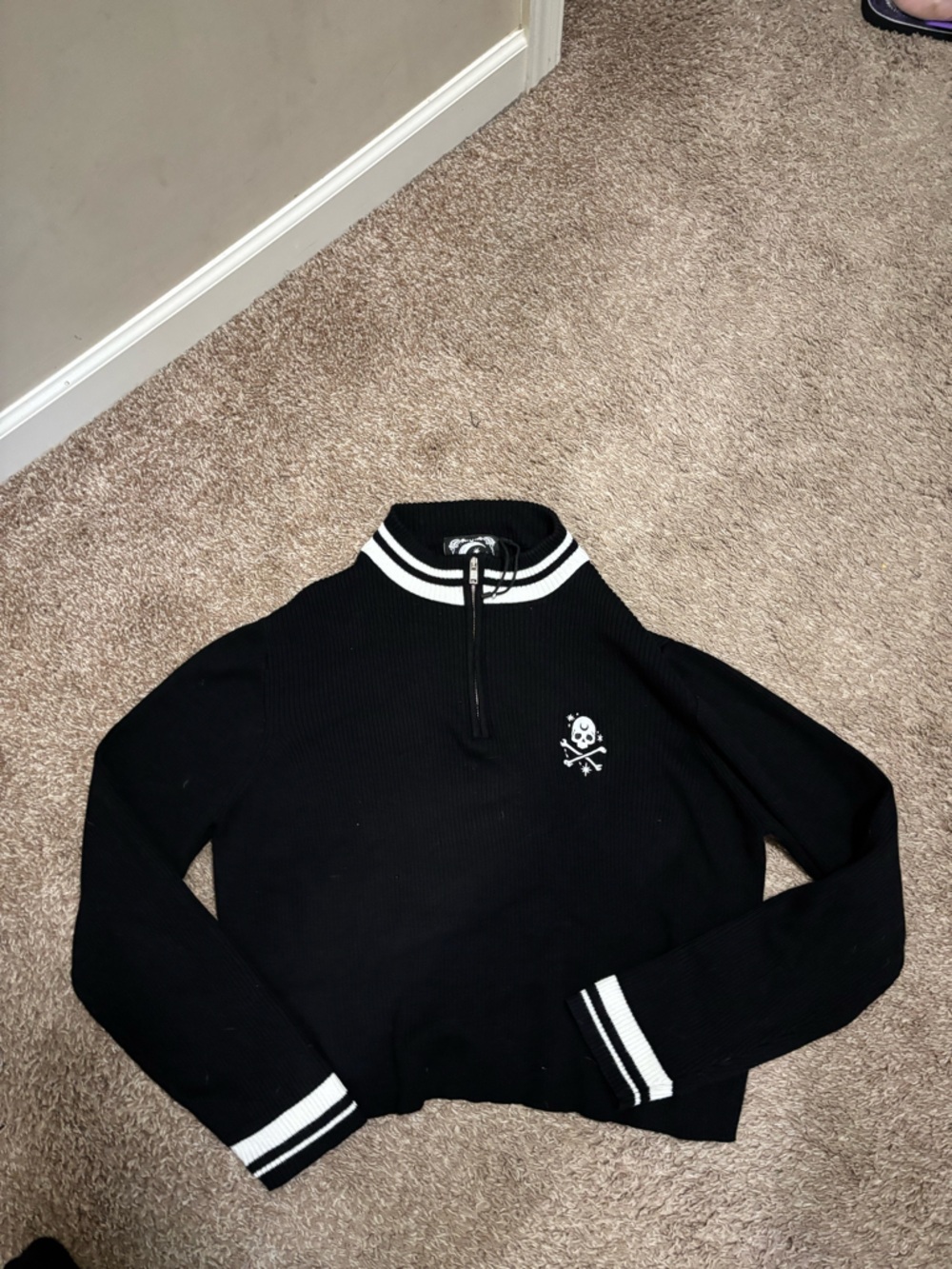 Killstar Black Cropped Zip-Neck Sweater with White Stripe Accents